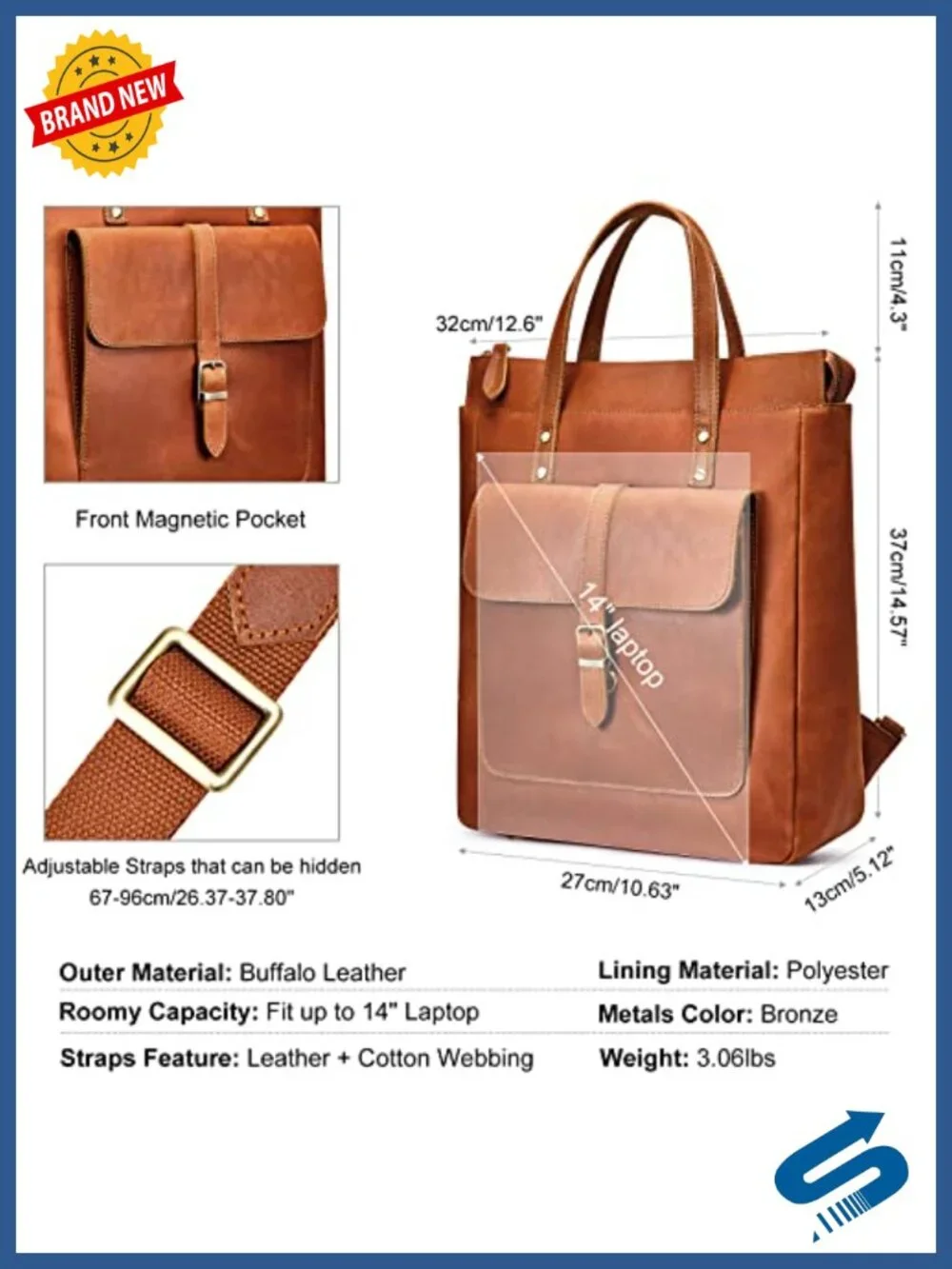 Genuine Leather Backpack Purse Retro Vintage Totes Top Grain Leather Padded